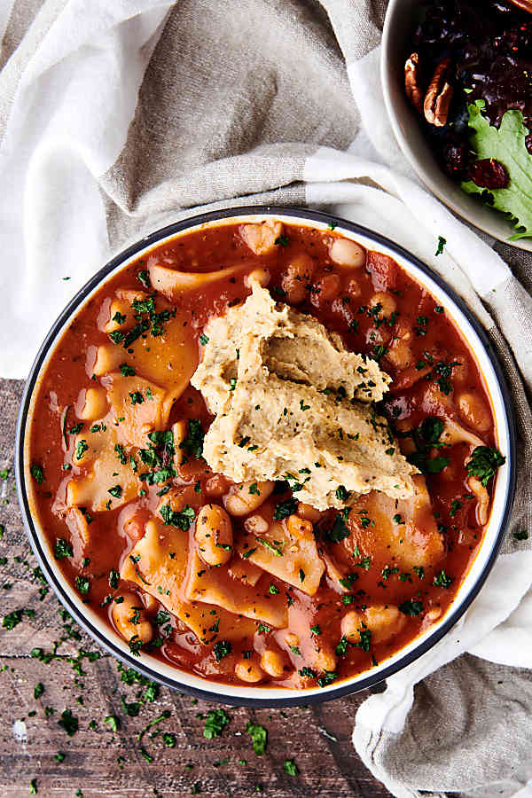 bowl of vegan lasagna soup above