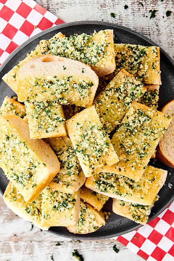 plate of garlic bread above