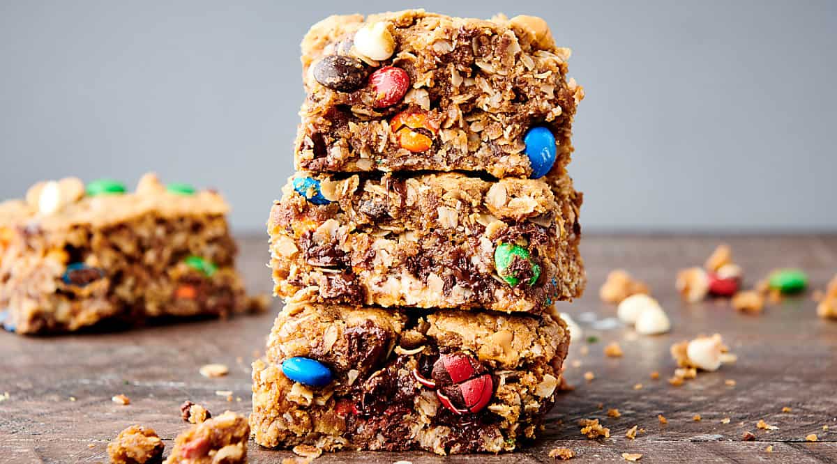 three monster cookie bars stacked