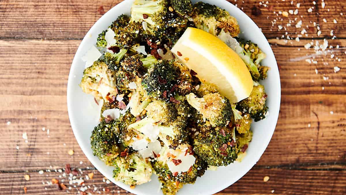 plate of air fryer broccoli above