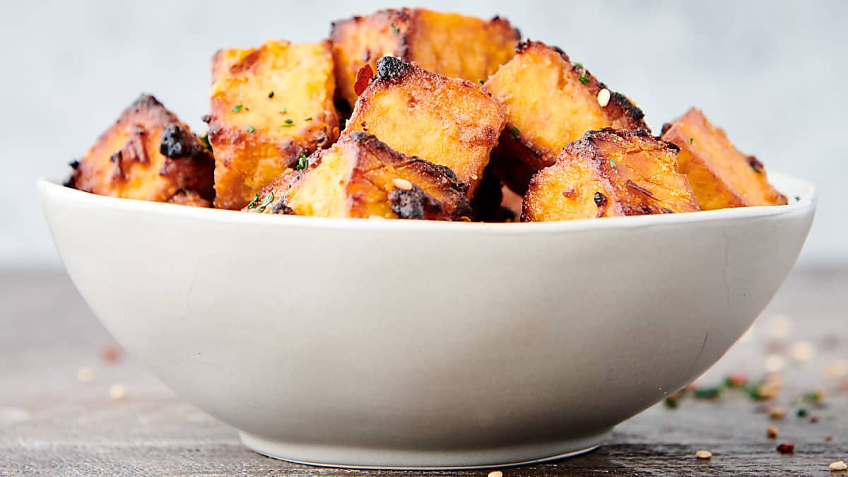 bowl of air fried tofu side view