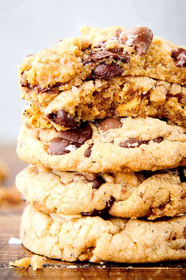 brown butter chocolate chip cookies stacked