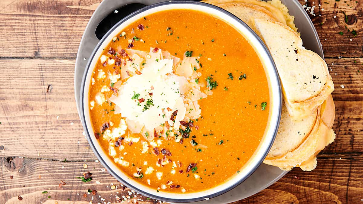 bowl of crockpot tomato soup above
