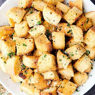 plate of homemade croutons above