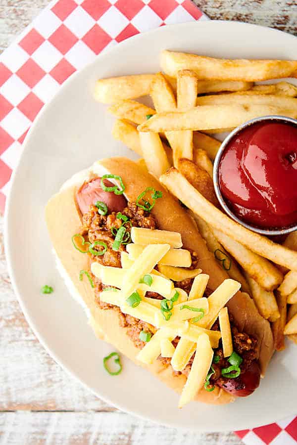 overhead view of hot dog with hot dog chili and french fries