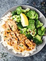 plate of instant pot lemon chicken with broccoli above