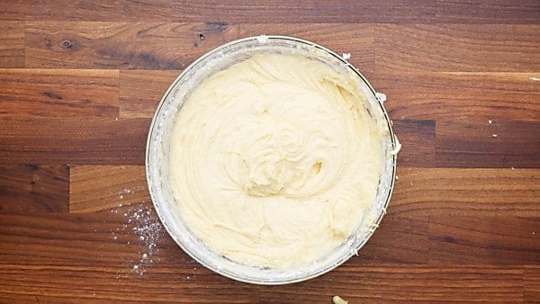 peach pound cake batter in mixing bowl