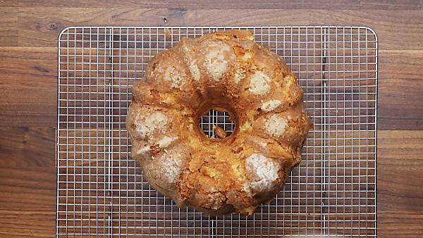 peach pound cake on cooling rack