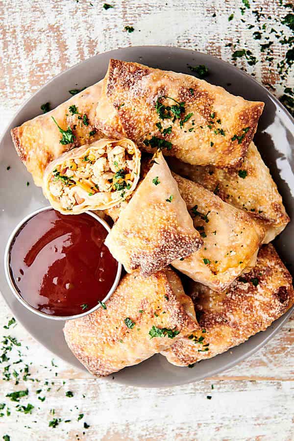 plate of air fryer egg rolls above