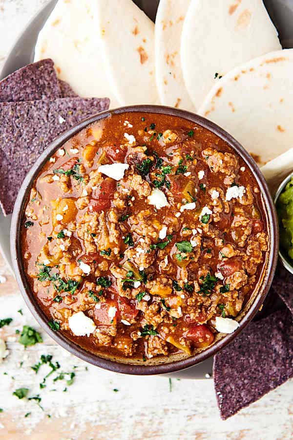 bowl of instant pot taco meat above