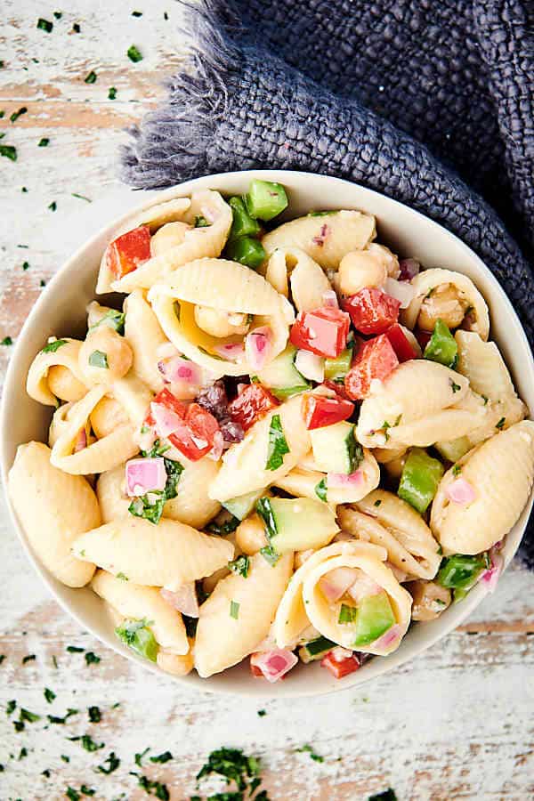 plate of vegan pasta salad above