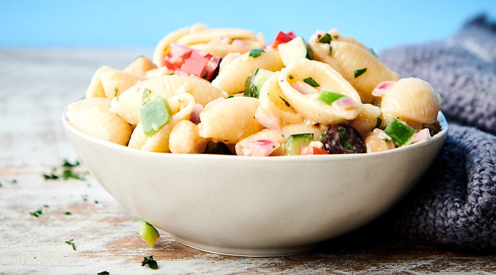 bowl of vegan pasta salad side view