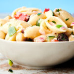 bowl of vegan pasta salad side view