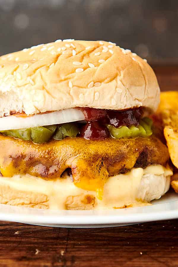 close up of air fryer hamburger with cheese