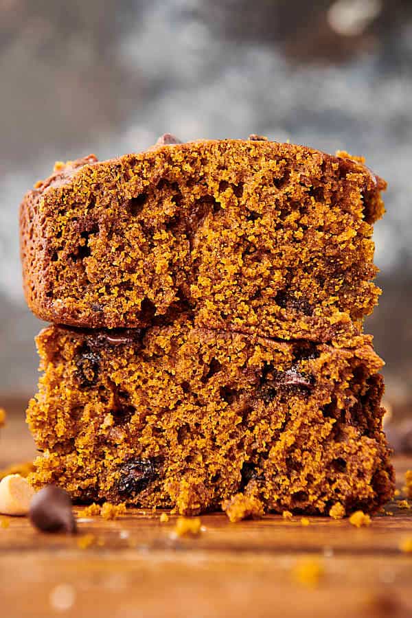 two slices of crockpot pumpkin bread stacked