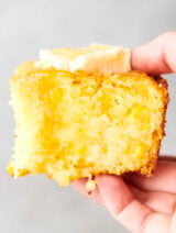 Jiffy cornbread topped with butter and honey