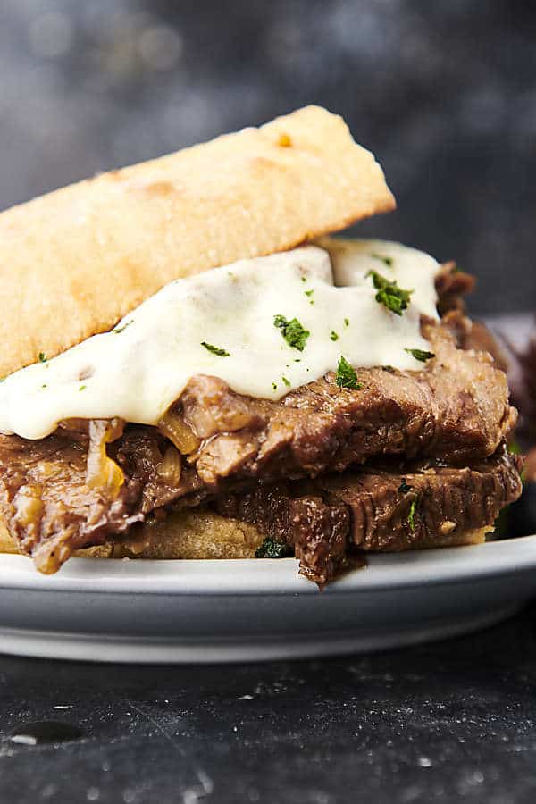 instant pot french dip sandwich on a plate