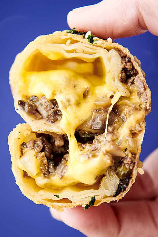 cheesy inside of a cheeseburger egg roll