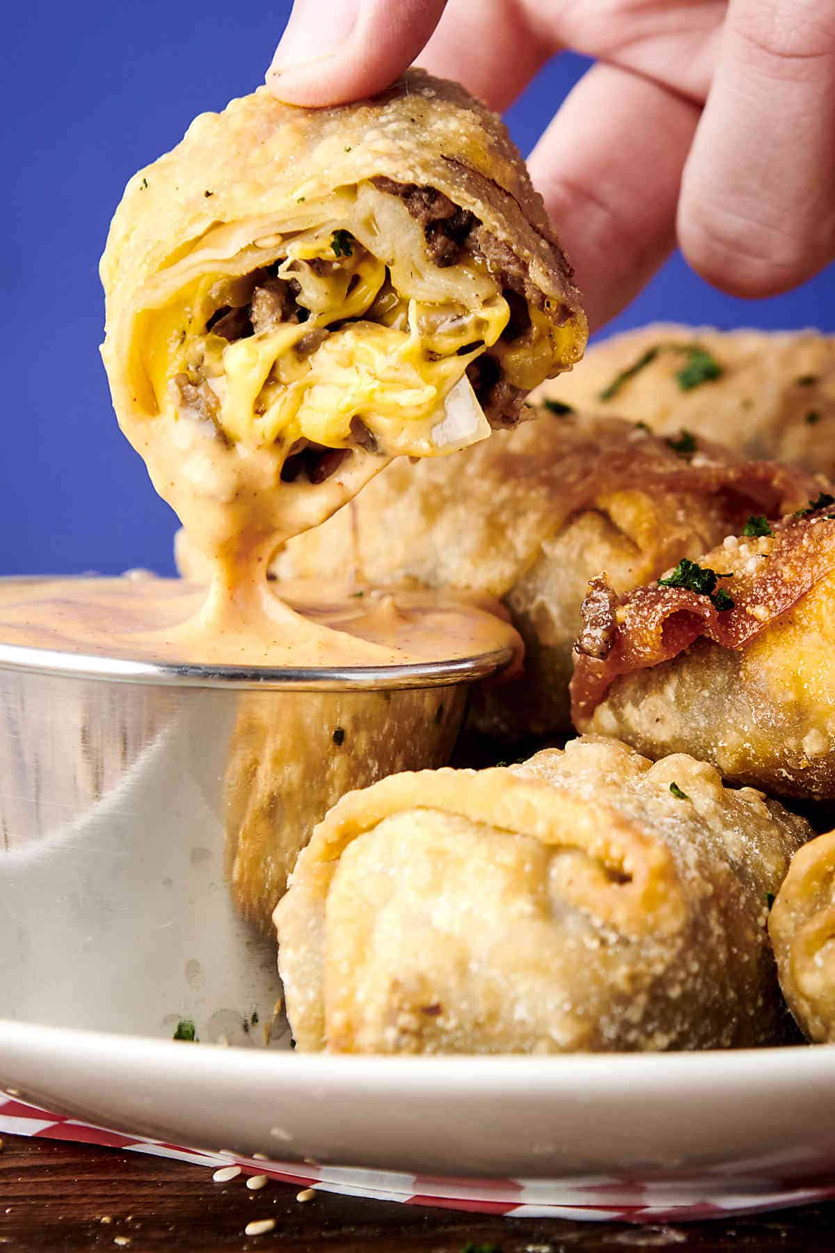 Cheeseburger Egg Rolls with Homemade Fry Sauce for Dipping!