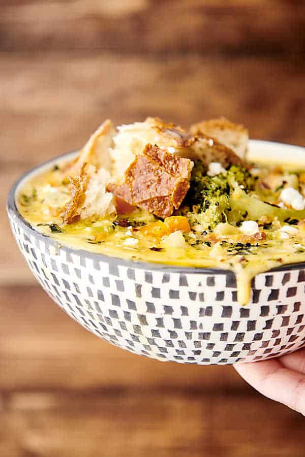 bowl of instant pot broccoli cheese soup