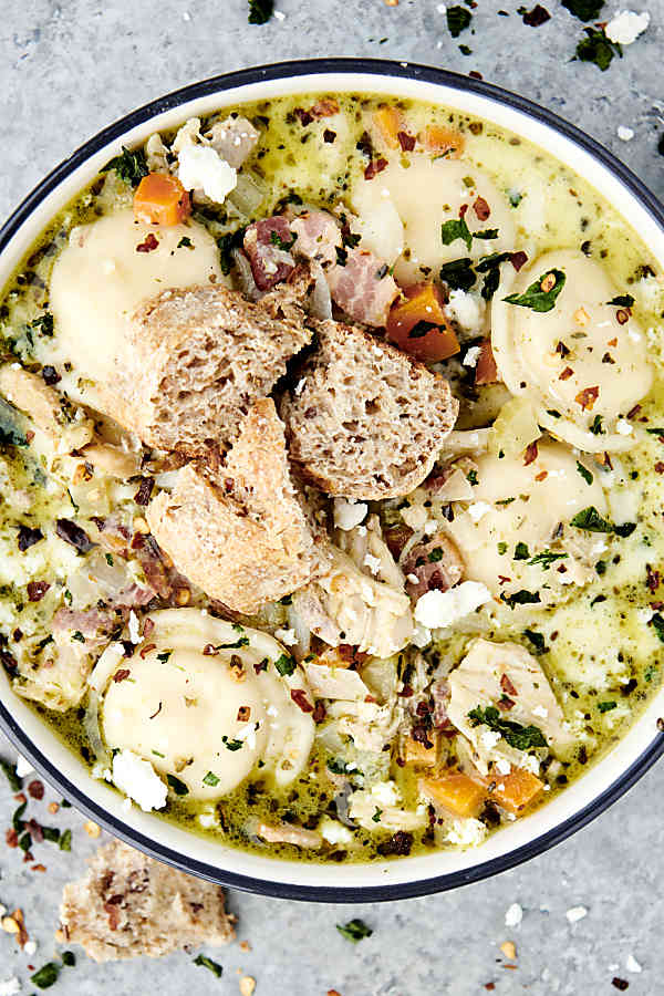 rotisserie chicken soup in a bowl