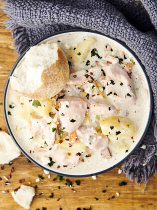 salmon soup in a bowl