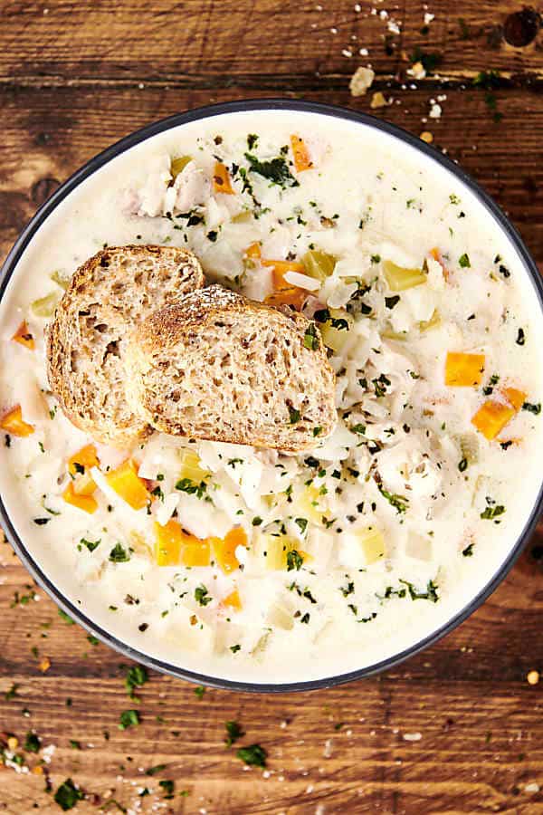 bowl of crockpot chicken and rice soup