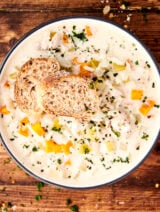 slow cooker chicken and rice soup in a bowl