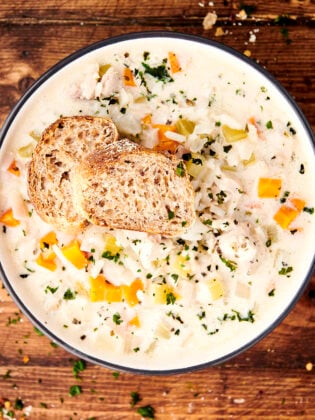 slow cooker chicken and rice soup in a bowl