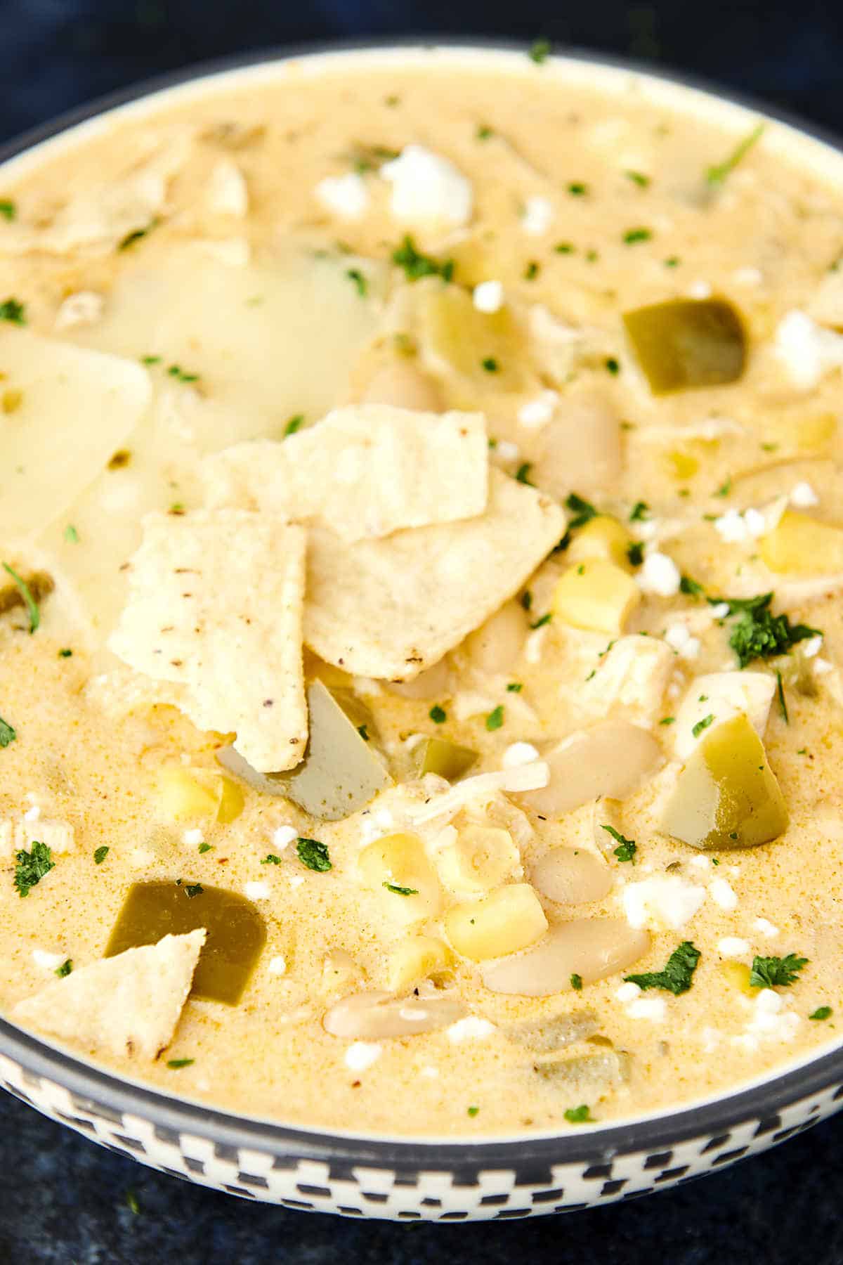 Green Chili Chicken Soup with White Beans and Cream Cheese