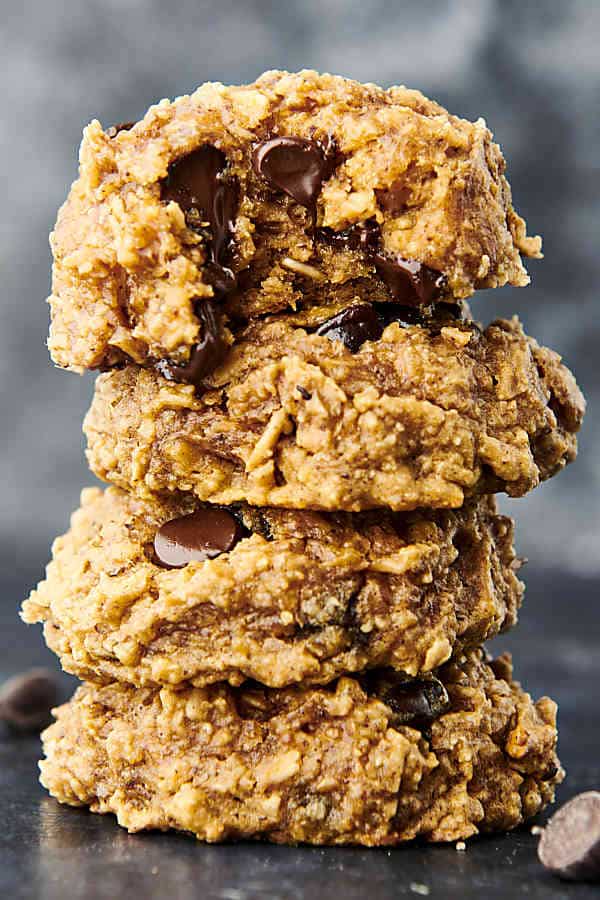 four peanut butter banana cookies stacked