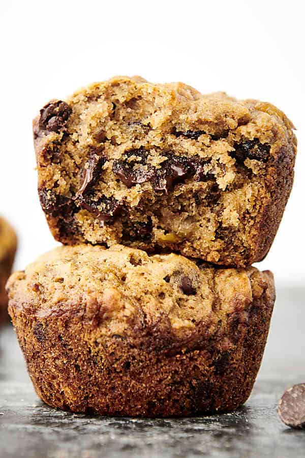 two banana chocolate chip muffins stacked