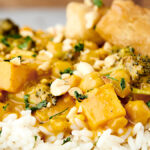 red thai curry with chickpeas served over rice