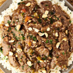 plate of kung pao beef with rice
