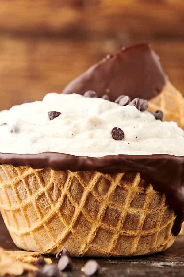 cannoli dip in a waffle cone bowl