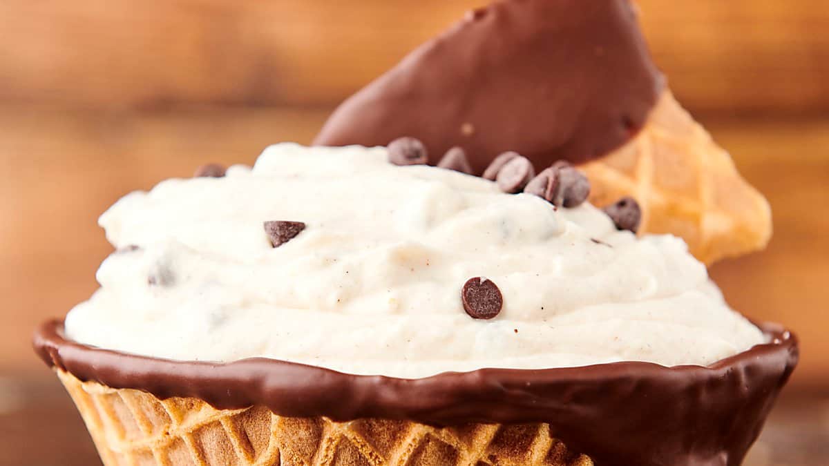 waffle cone bowl filled with ricotta and mascarpone cannoli dip