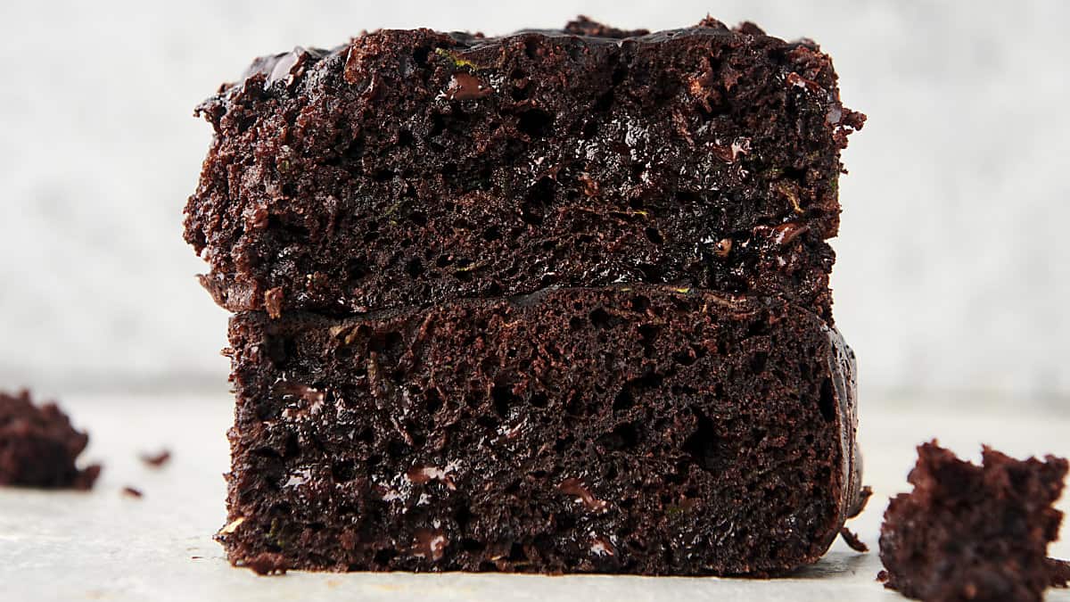 two pieces of chocolate zucchini bread stacked