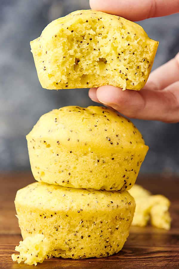 stack of lemon poppyseed muffins