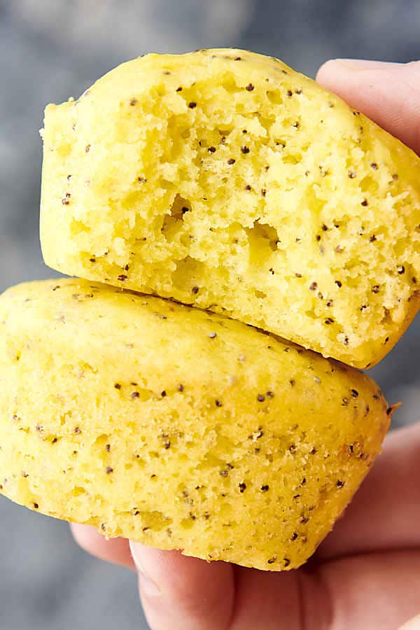 showing inside of a lemon poppyseed muffin
