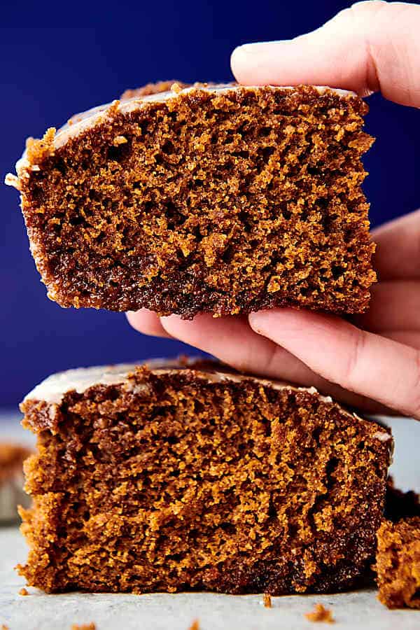 two pieces of gingerbread cake