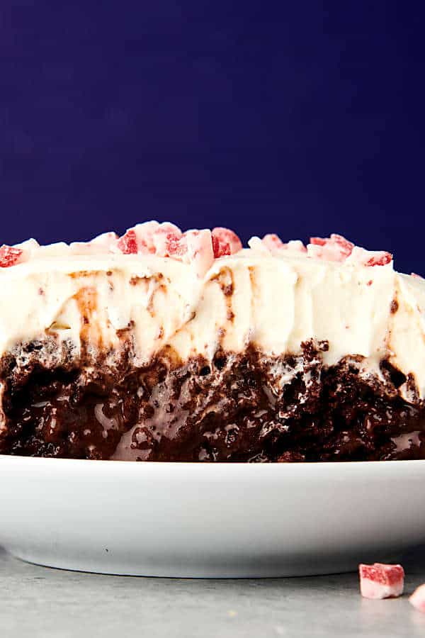 chocolate peppermint poke cake with whipped topping