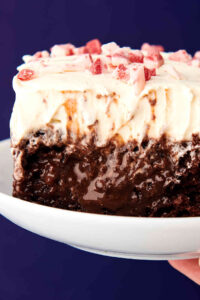 piece of chocolate pudding peppermint poke cake