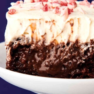 piece of chocolate pudding peppermint poke cake