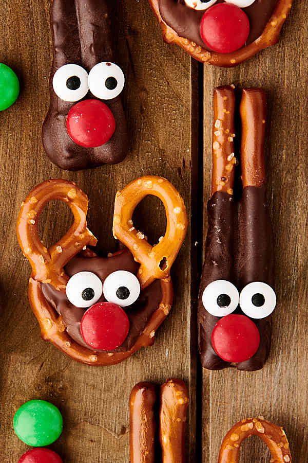 reindeer pretzels on a wooden board
