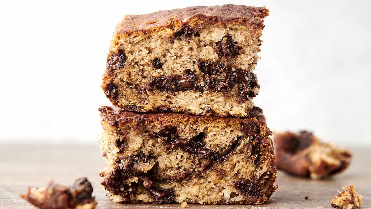 two pieces air fryer banana bread stacked