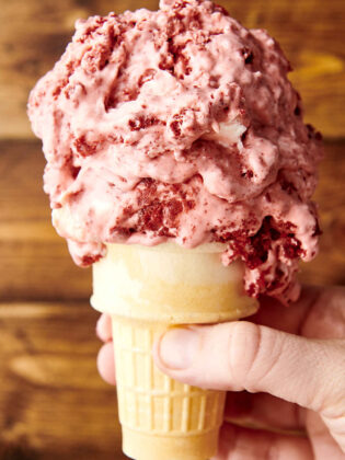 no churn red velvet ice cream in a cone