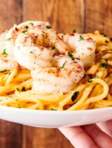 bang bang shrimp with pasta on a plate
