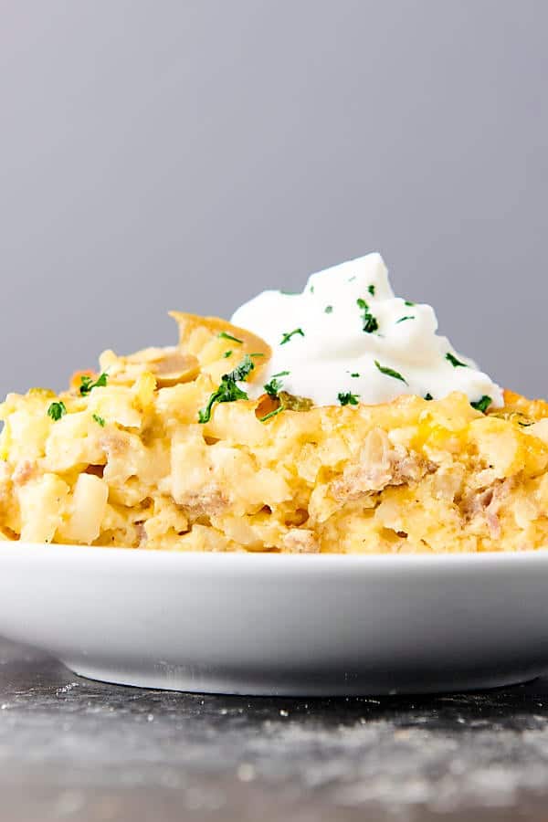 sausage and cheese hashbrown breakfast casserole on a plate