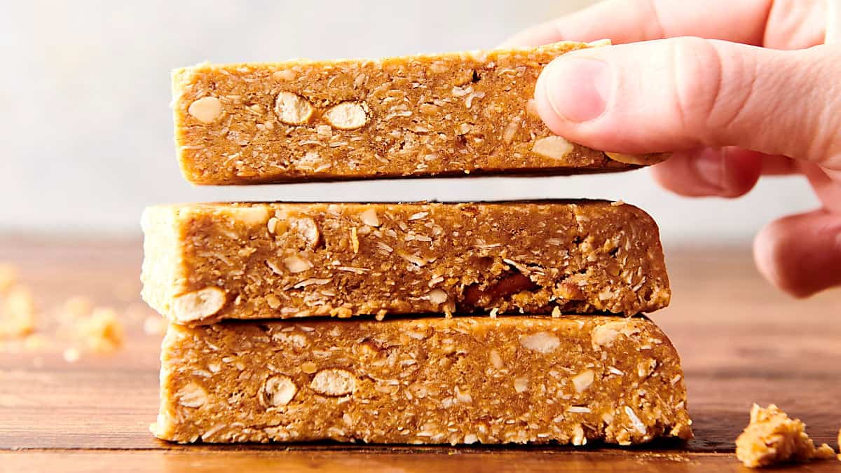 stack of no bake granola bars with peanut butter