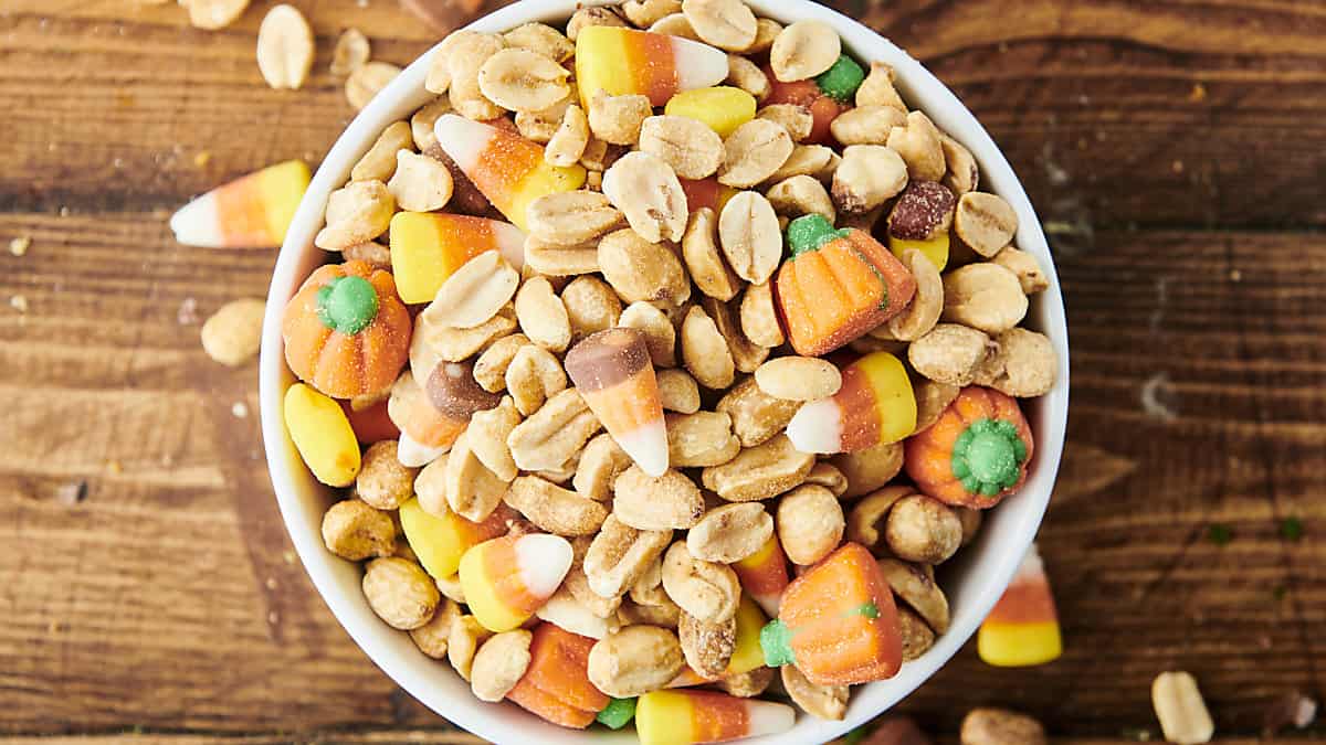 fall snack mix with candy corn and peanuts